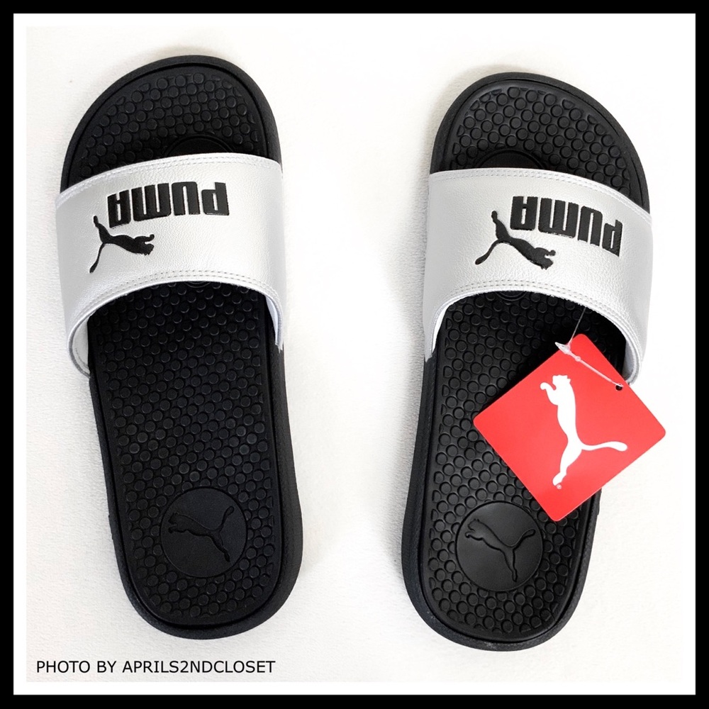PUMA SILVER BLACK SLIDES SANDALS CAT SLIP ONS A2C - Picture 7 of 8